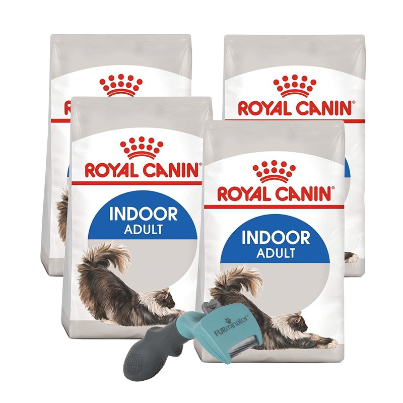 Pack 4 Bultos Royal Canin Indoor Adult 3.18 kg + Furminator de regalo (Chico)