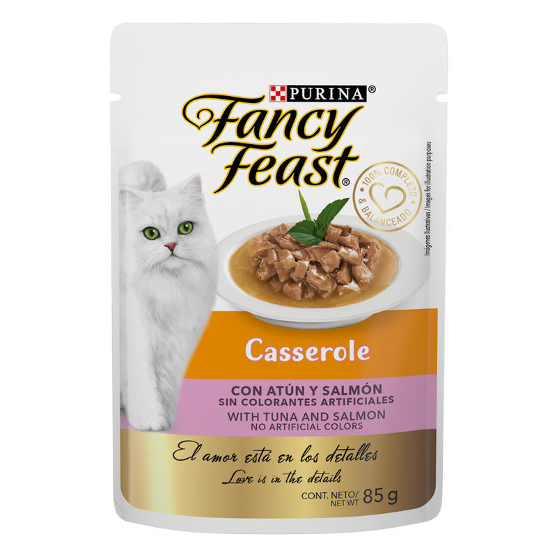 Caja con 12 piezas de Fancy Feast Pouch Casserole Atún y Salmón 85g - Alimento para gato