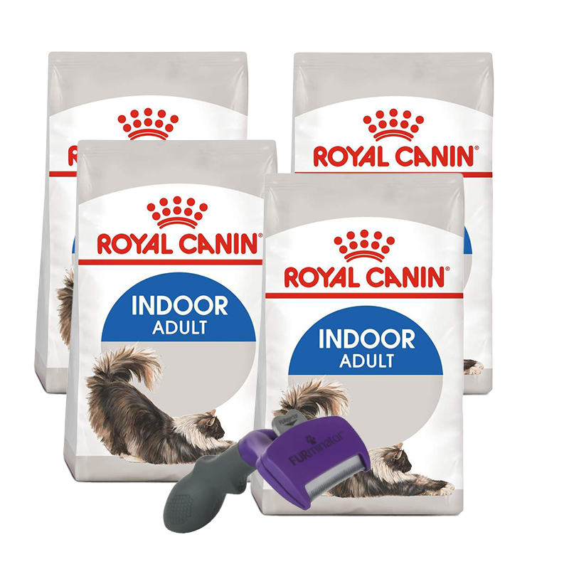 Pack 4 Bultos Royal Canin Indoor Adult 3.18 kg + Furminator de regalo