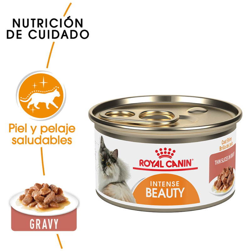 Paquete de 24 Royal Canin Intense Beauty Thin Slices in Gravy Lata 85 gr - Alimento Húmedo Gato Adulto