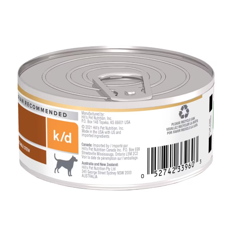 Hill's Prescription Diet k/d Canine Enfermedad Renal/Cardiaca Pollo y Vegetales Estofado Lata 150g - Alimento Húmedo para Perro