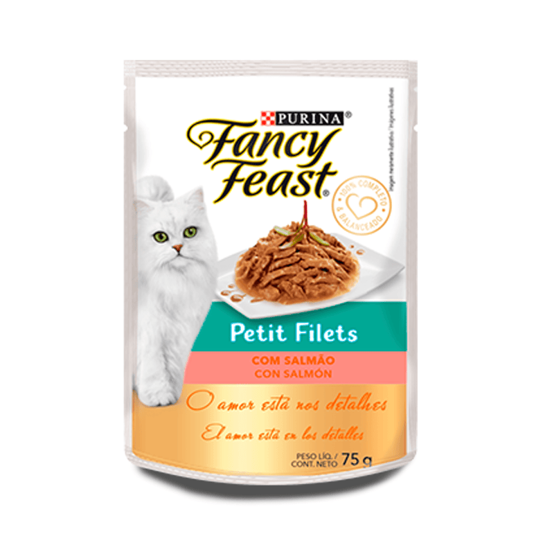 Caja con 12 piezas de Fancy Feast Pouch Petite Filets Salmón 85g - Alimento para gato