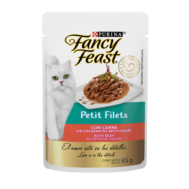 Caja con 12 piezas de Fancy Feast Pouch Petite Filets Carne 85g - Alimento para gato